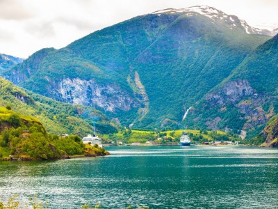 BIG Mountains landscape and big cruise ship on fjord Sognefjord in Flam Norway Scandinavia. 1670508020730